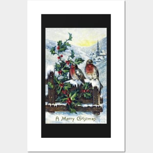 Beautifully Restored Vintage Christmas Card With Birds and Snow, Mistletoe Posters and Art